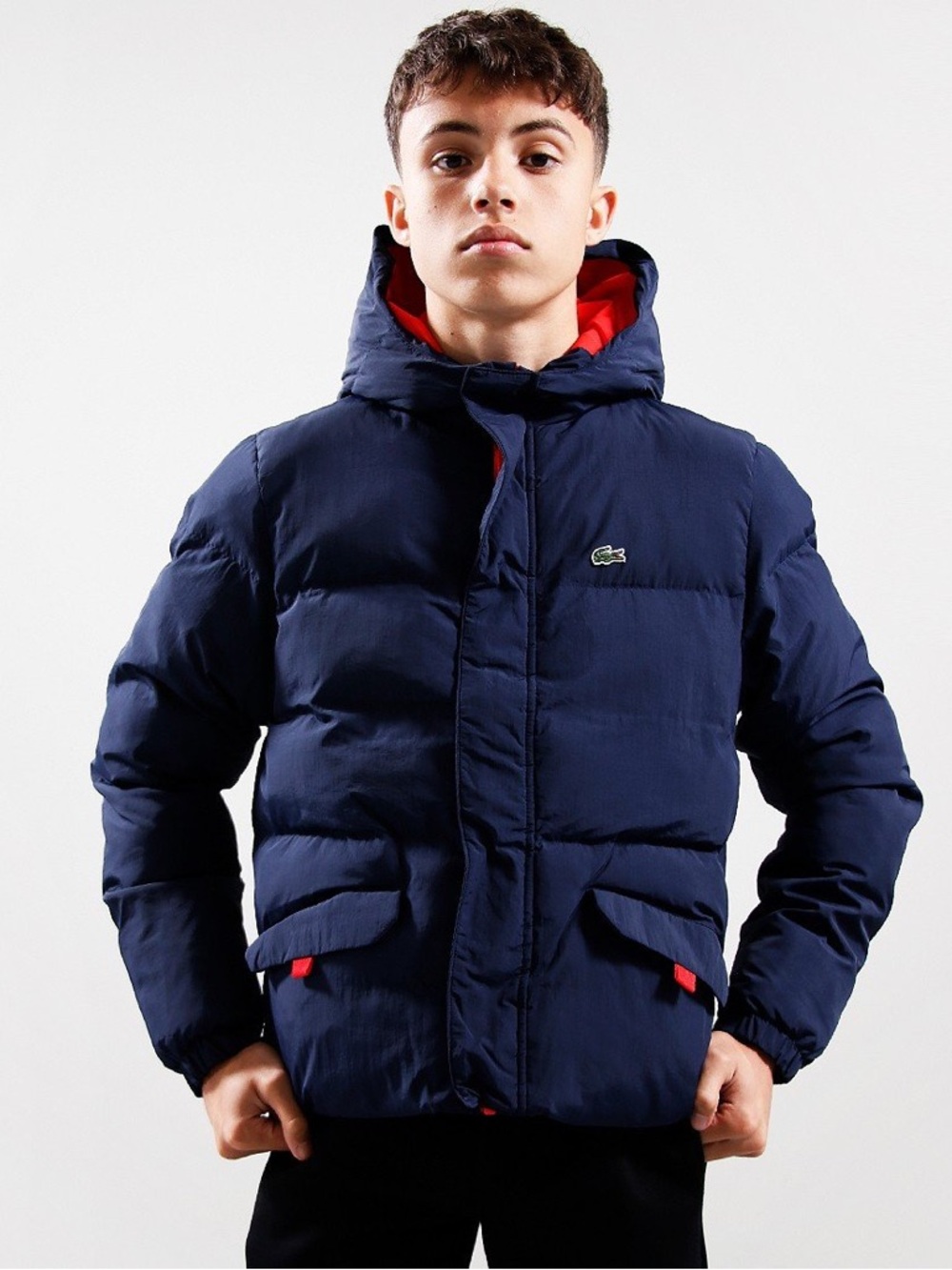 Lacoste Navy Puffer Jacket with Red-Lined Hood